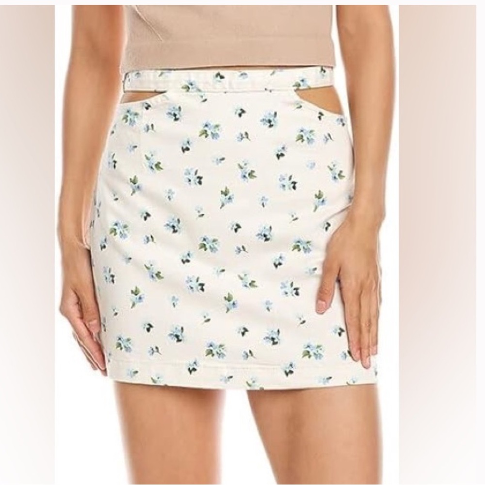 WeWoreWhat cut out mini skirt in Watercolor beige off white blue Floral M NWT
